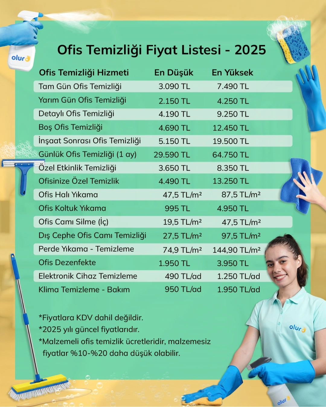 Ofis temizliği fiyat listesi görselinde 2025 yılı güncel temizlik fiyatları yer alıyor
