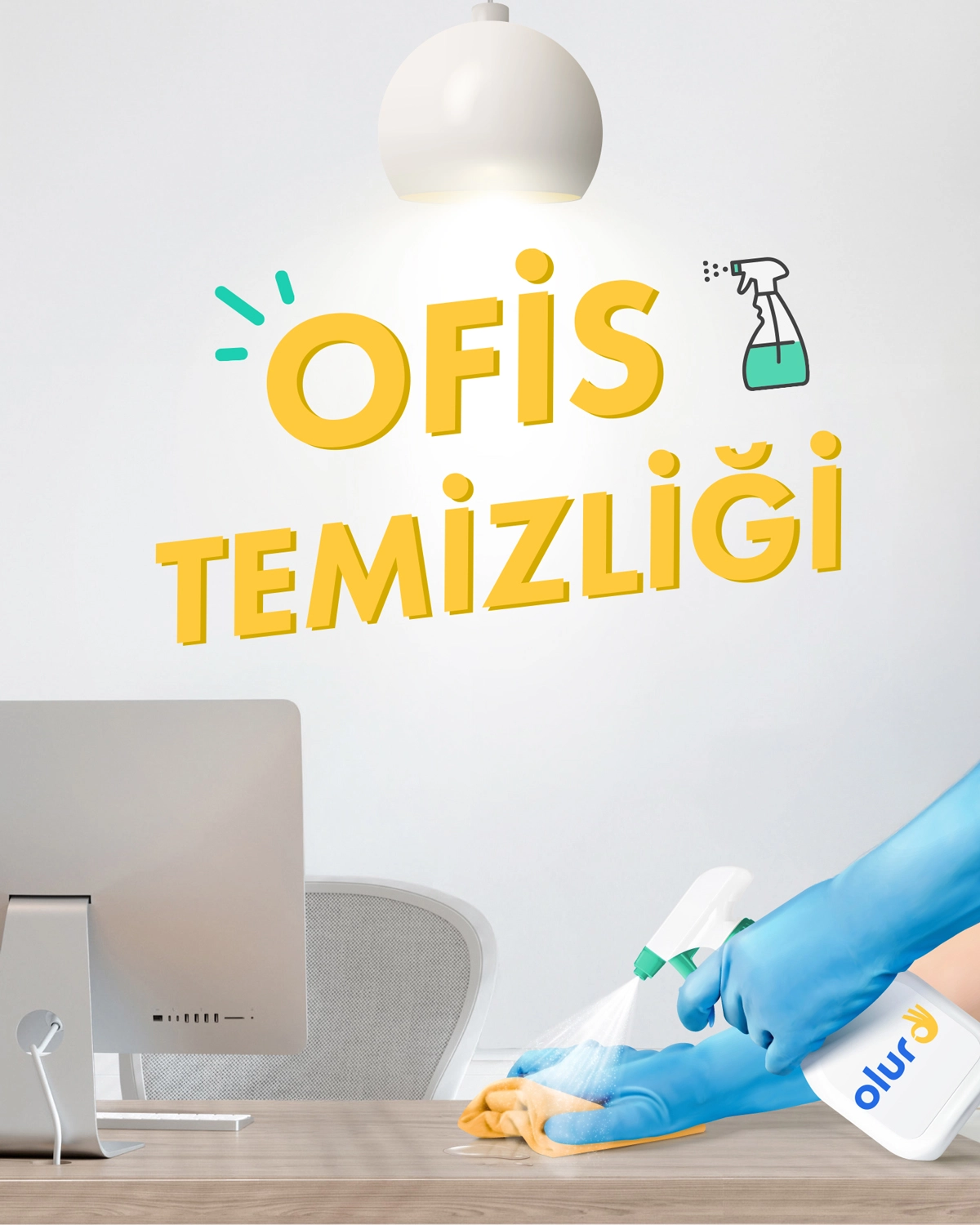 Ofis temizlik hizmetlerinden masa silme görseli ve ofis temizliği yazısı